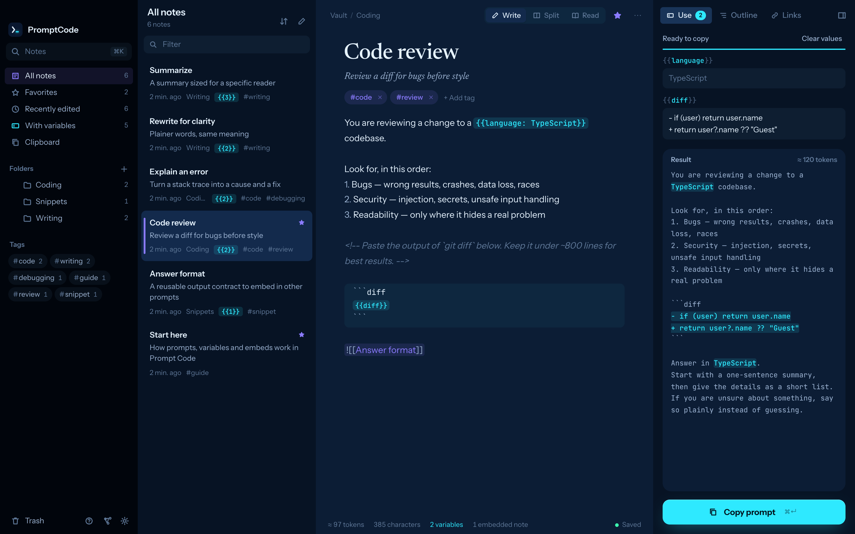 Prompt Code: the note list, a prompt with variables, and the Use panel showing the finished prompt